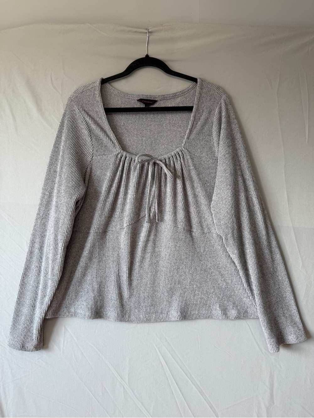 NOBO Womens Babydoll Ribbed Long Sleeve Top 4X Grey Tie Front Casual Stretchy
